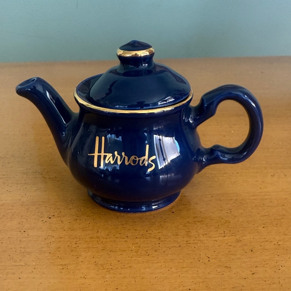 Authentic rare  Harrods Navy mini Teapot with Gold Trim collectors